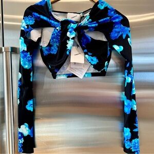 NWT Coperni Twist Cutout Cropped Draped Top Long Sleeve Crop Black Blue Flowers